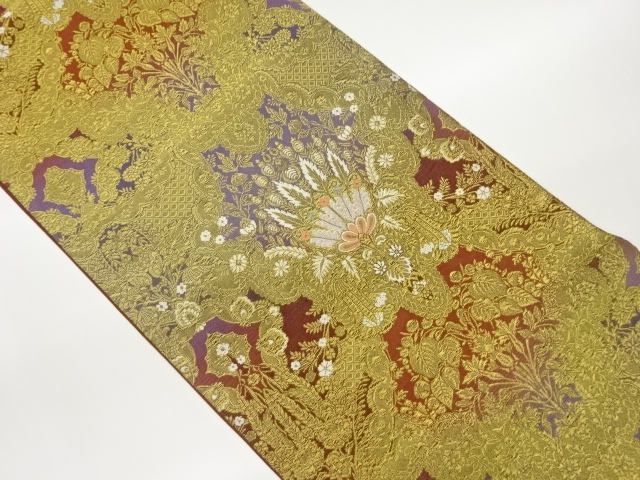 袋帯 全通 龍村晋謹製 名物串雲幸銀錦 金糸 刺繍 花唐草